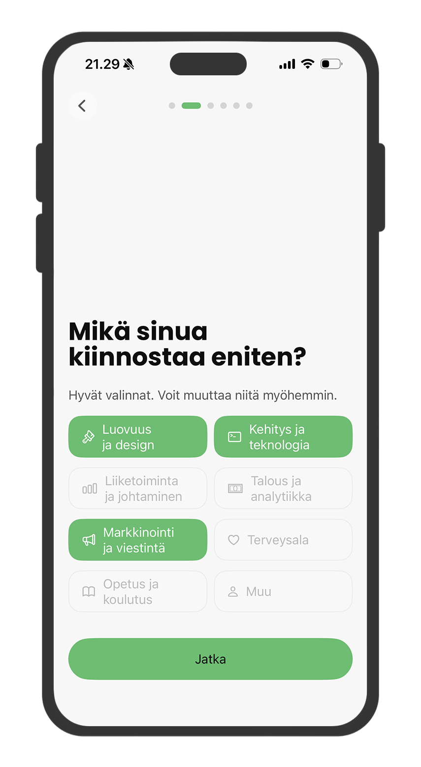 mainiø aloitusnäyttö kiinnostusten valintaan