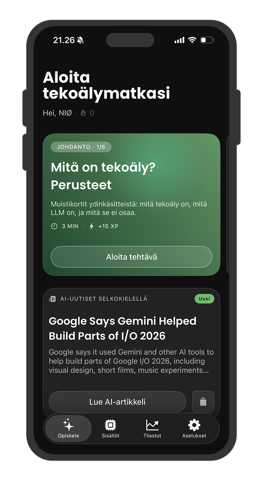 mainiø-sovelluksen kotinäyttö päivittäisillä tehtävillä